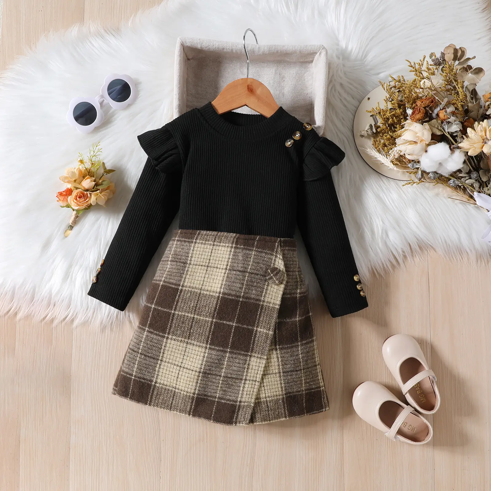 Girls Plaid Skirt Set Red Long Sleeve Winter - Image 2
