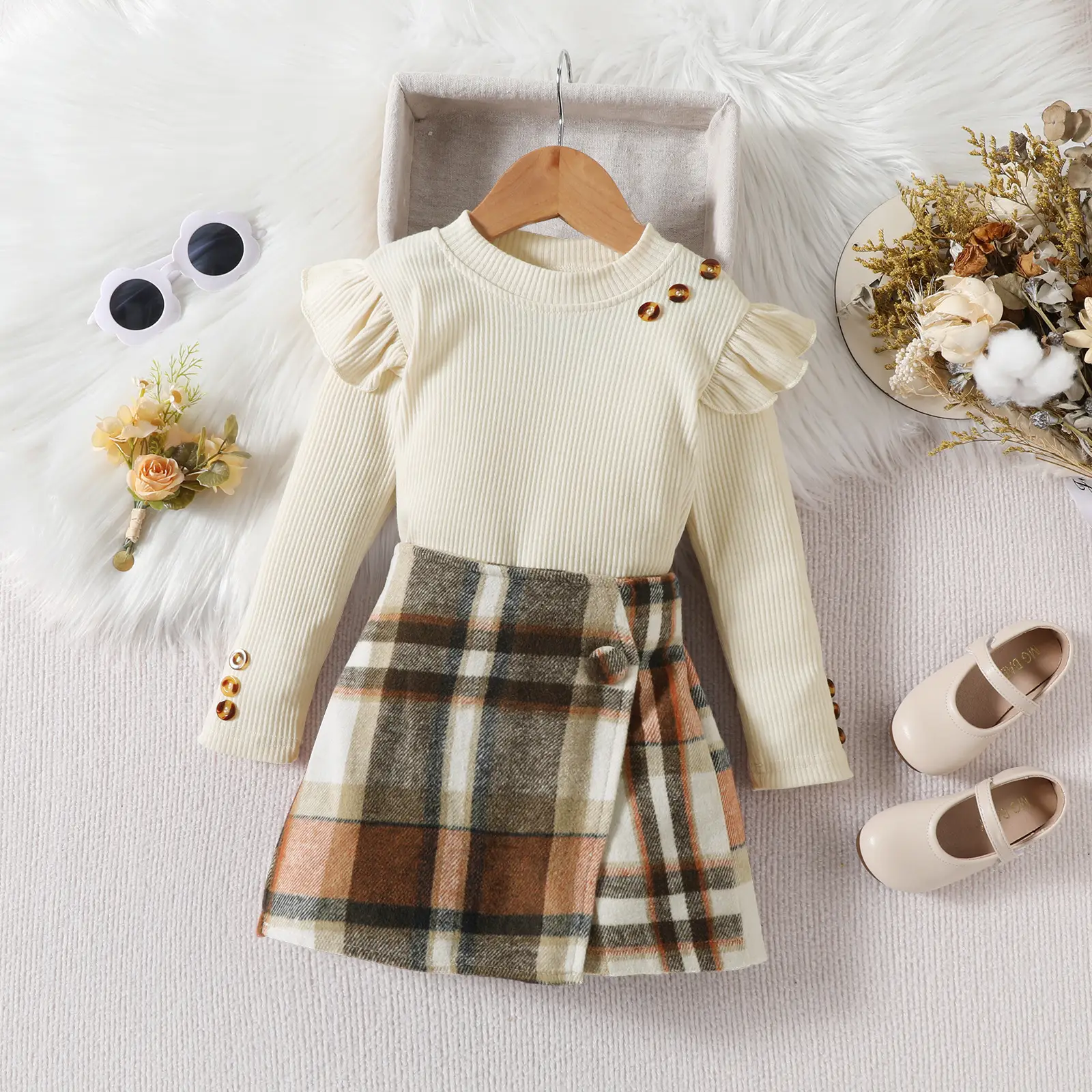 Girls Plaid Skirt Set Red Long Sleeve Winter - Image 3