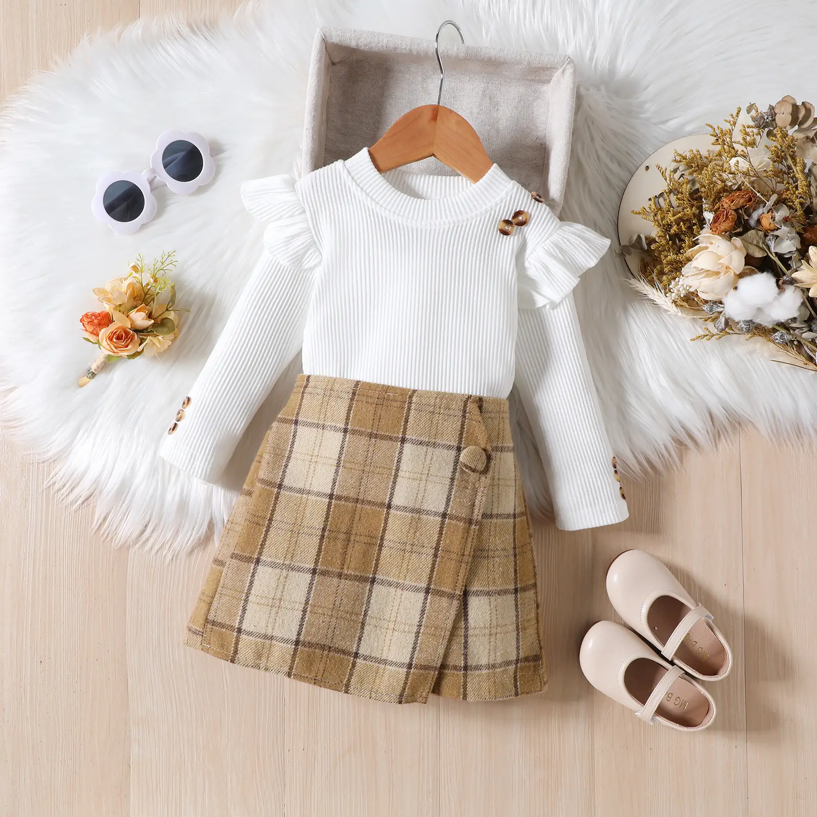 Girls Plaid Skirt Set Red Long Sleeve Winter - Image 4