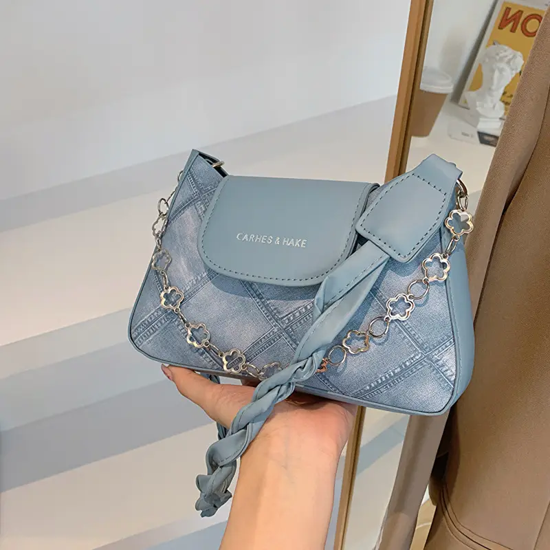 Light Blue Square Shoulder Bag with Tassel Chain - Image 5