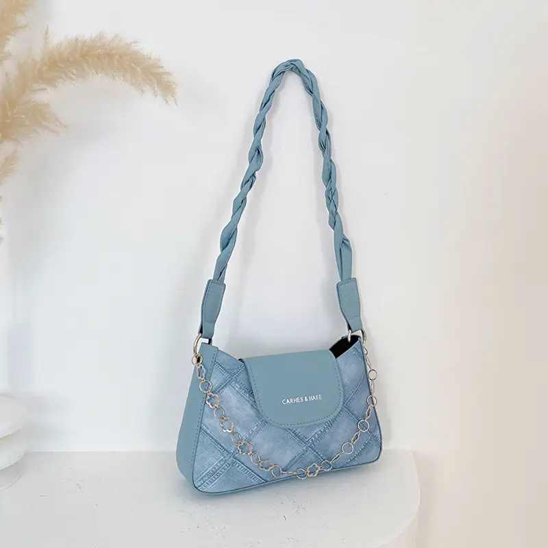 Light Blue Square Shoulder Bag with Tassel Chain - Image 2