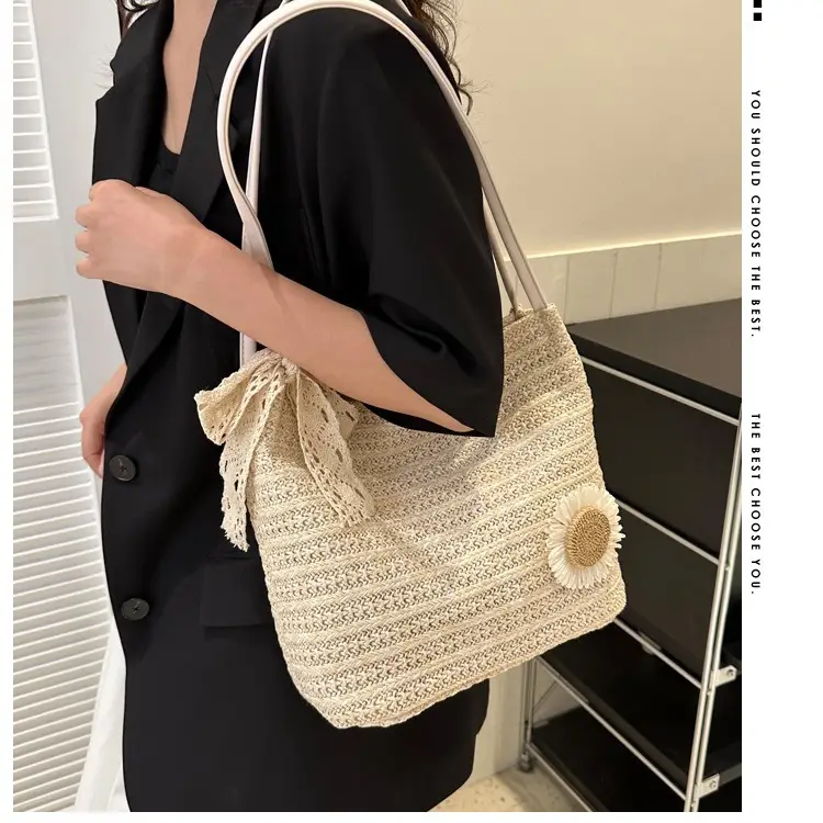 Fresh Sunflower Knitted Straw Shoulder Bag for Women - Image 6
