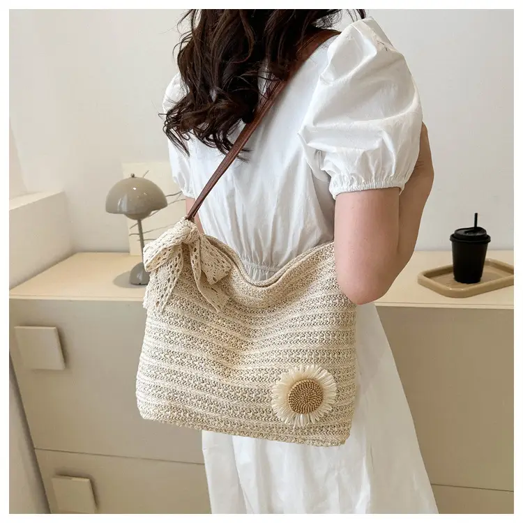 Fresh Sunflower Knitted Straw Shoulder Bag for Women - Image 7