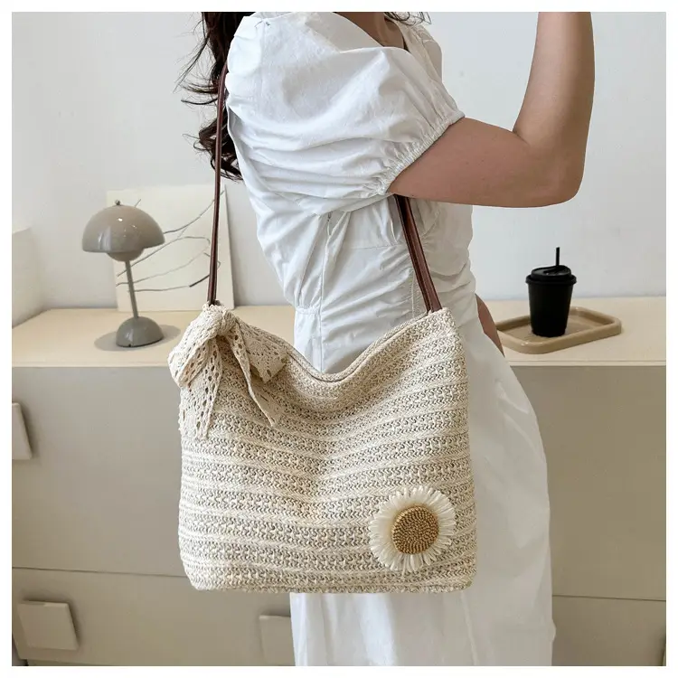 Fresh Sunflower Knitted Straw Shoulder Bag for Women — feature 10