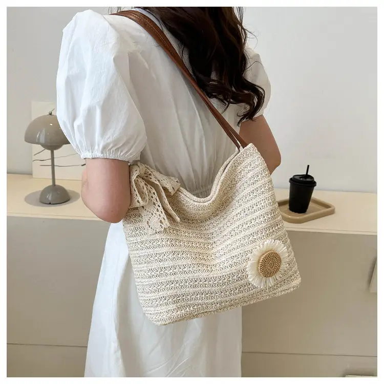 Fresh Sunflower Knitted Straw Shoulder Bag for Women — feature 12