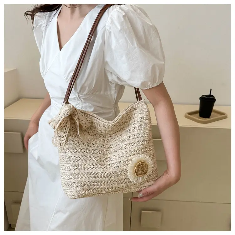 Fresh Sunflower Knitted Straw Shoulder Bag for Women — feature 15