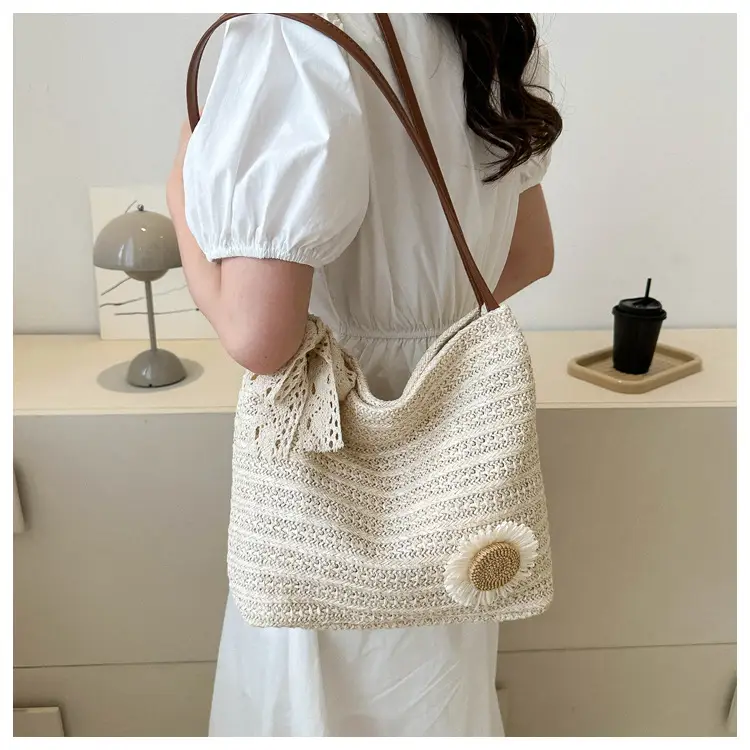 Fresh Sunflower Knitted Straw Shoulder Bag for Women — feature 16