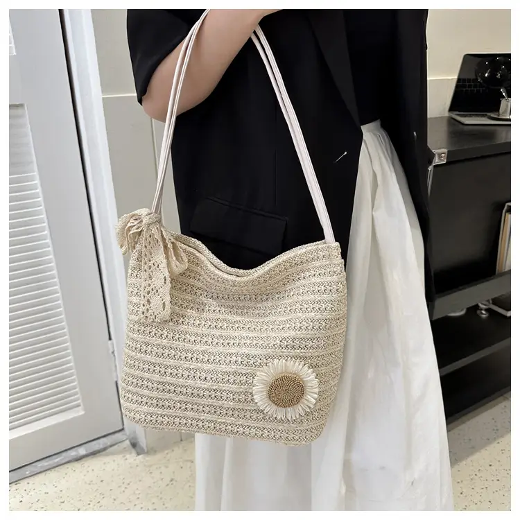Fresh Sunflower Knitted Straw Shoulder Bag for Women — feature 32