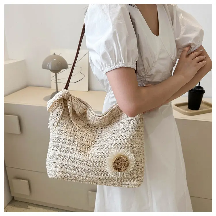Fresh Sunflower Knitted Straw Shoulder Bag for Women — feature 9
