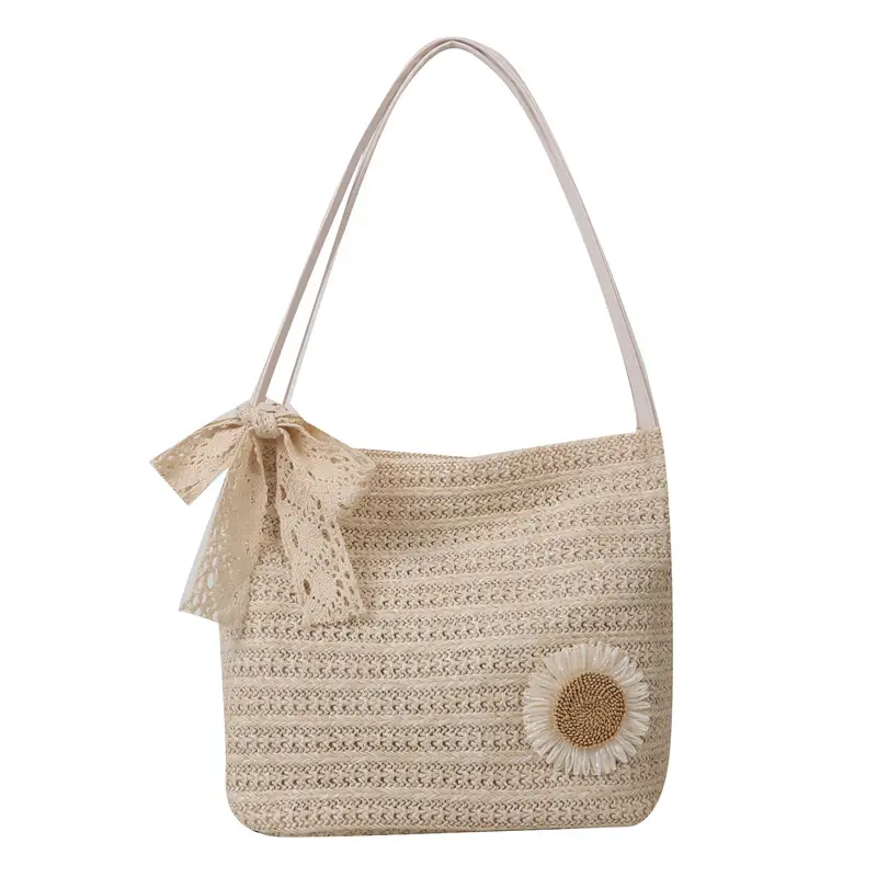 Fresh Sunflower Knitted Straw Shoulder Bag for Women - Image 2