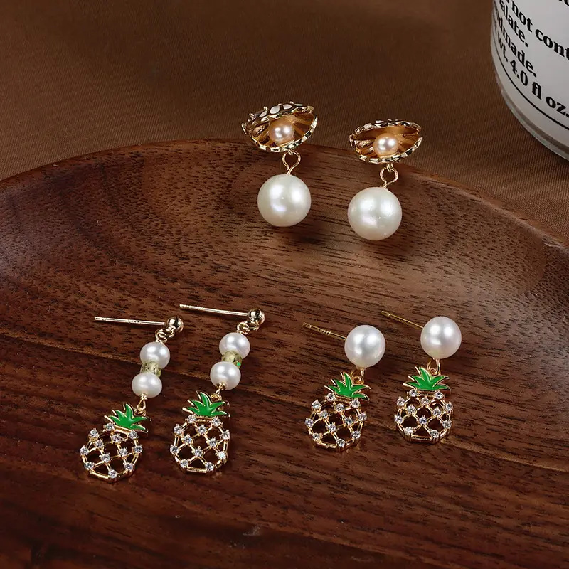 Pineapple Pearl Earrings Copper Plated Real Gold S925 - Image 5