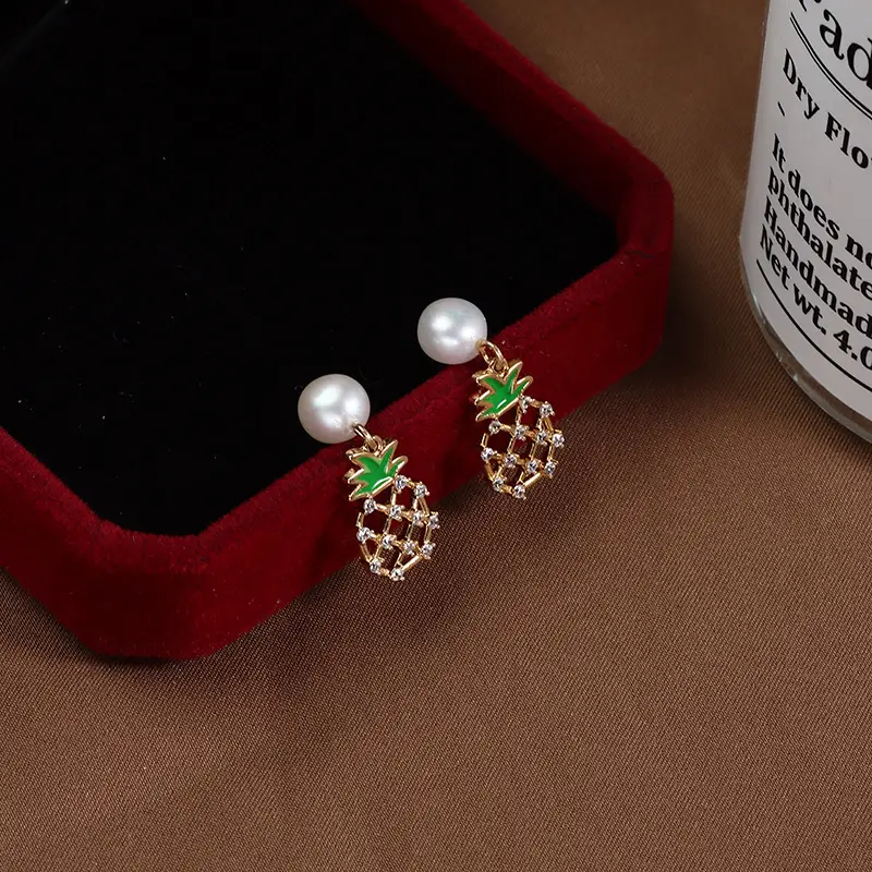 Pineapple Pearl Earrings Copper Plated Real Gold S925 - Image 2