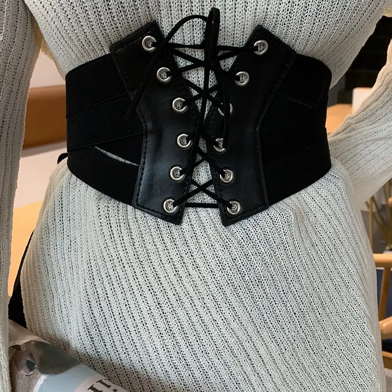 Black Elastic Waist Belt with Lace Up Design