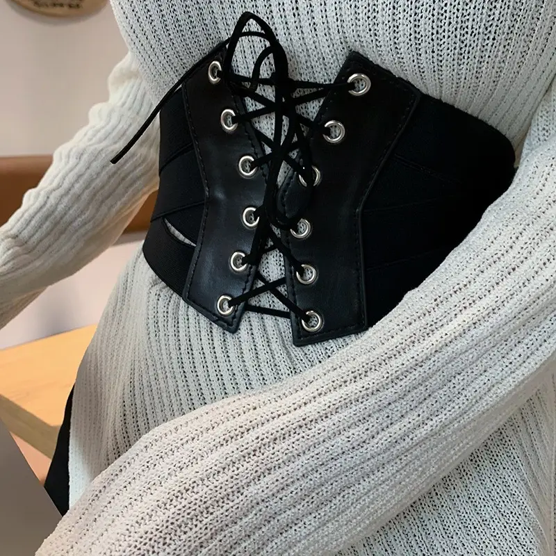 Black Elastic Waist Belt with Lace Up Design — feature 8