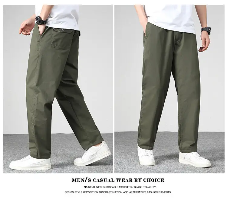 Men Green Cotton Straight Pants Spring Loose Fit — feature 5