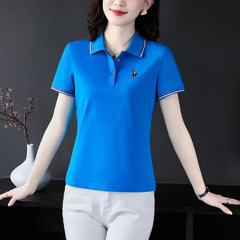 Women Red Polo T-Shirt 2022 Summer Loose Fit - Image 6