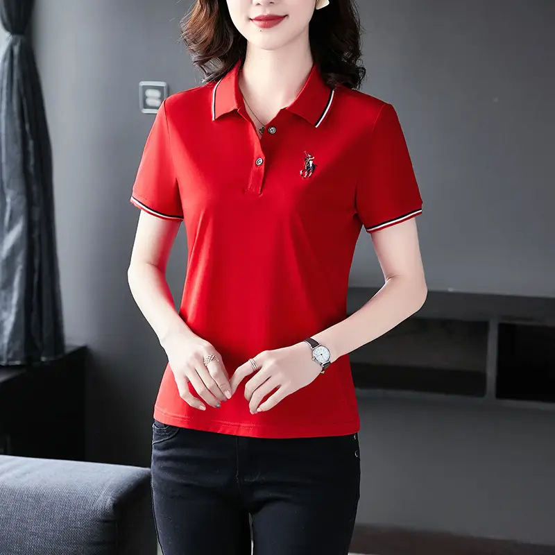 Women Red Polo T-Shirt 2022 Summer Loose Fit - Image 7