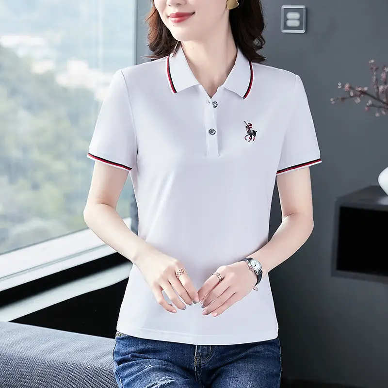 Women Red Polo T-Shirt 2022 Summer Loose Fit - Image 8