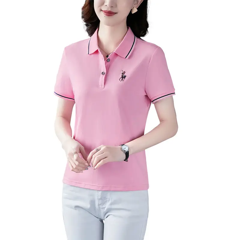 Women Red Polo T-Shirt 2022 Summer Loose Fit - Image 9