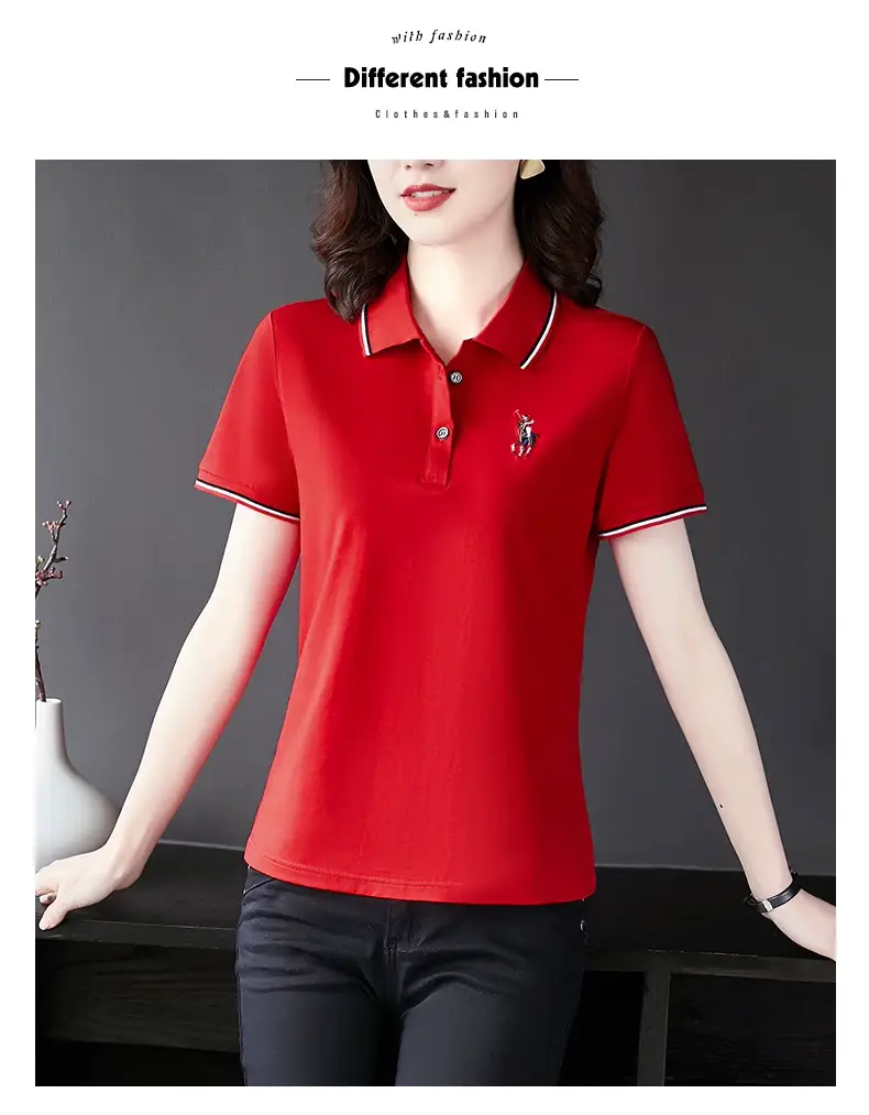 Women Red Polo T-Shirt 2022 Summer Loose Fit — feature 10