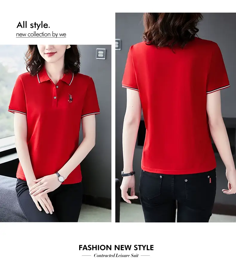 Women Red Polo T-Shirt 2022 Summer Loose Fit — feature 11