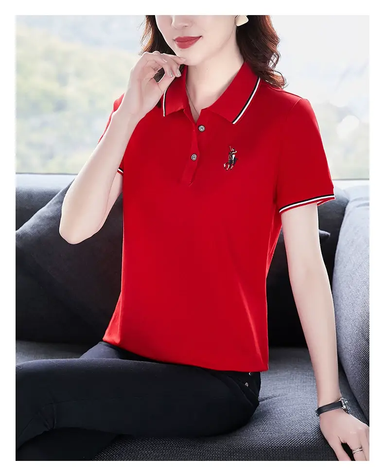 Women Red Polo T-Shirt 2022 Summer Loose Fit — feature 12