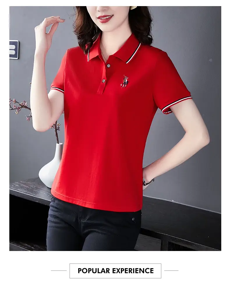 Women Red Polo T-Shirt 2022 Summer Loose Fit — feature 13