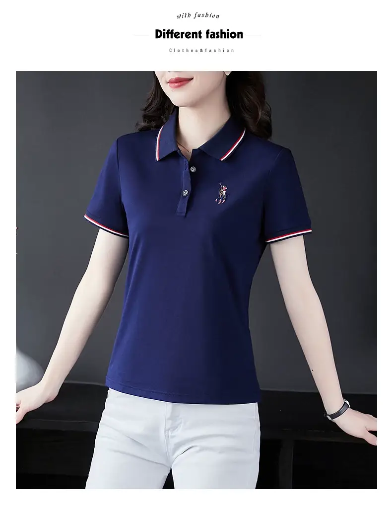 Women Red Polo T-Shirt 2022 Summer Loose Fit — feature 15
