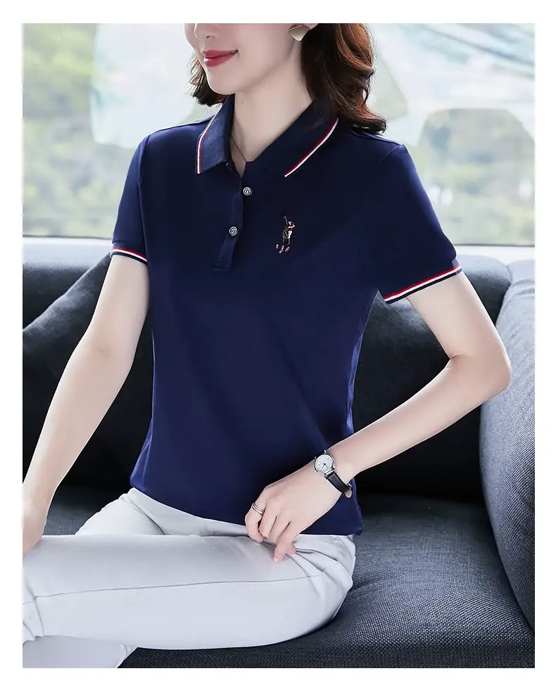 Women Red Polo T-Shirt 2022 Summer Loose Fit — feature 17