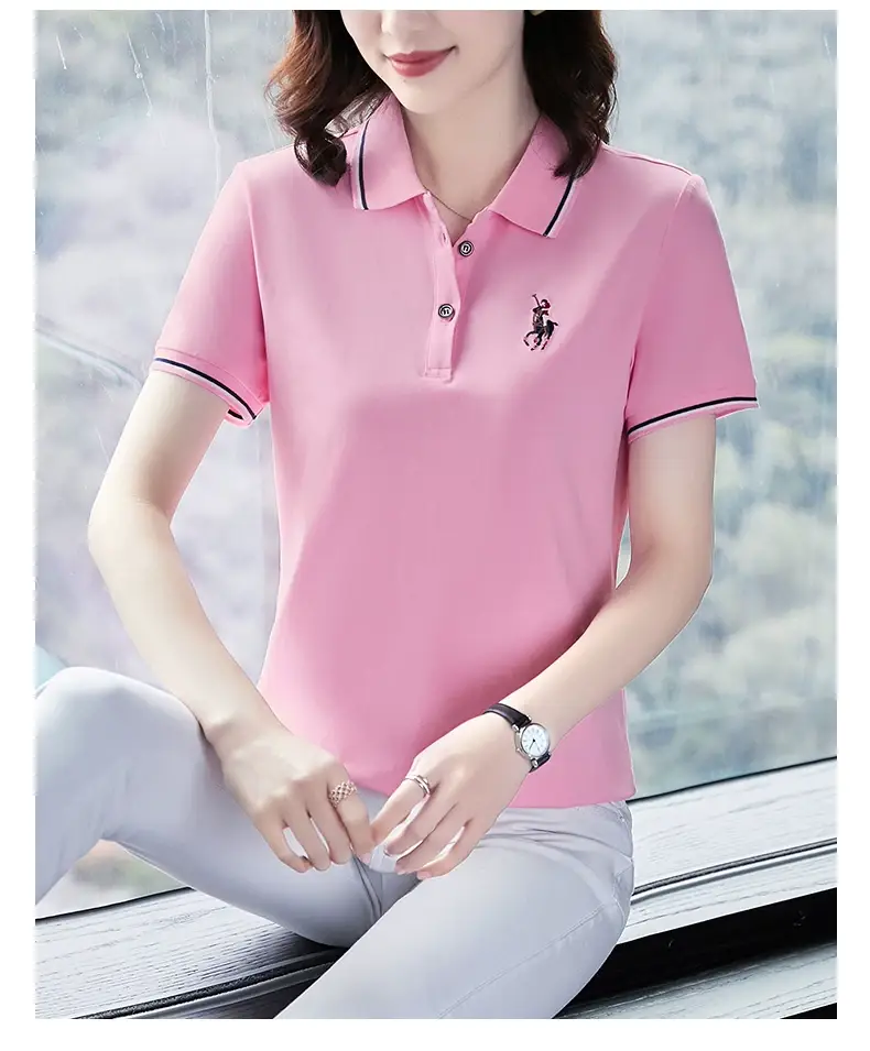 Women Red Polo T-Shirt 2022 Summer Loose Fit — feature 19