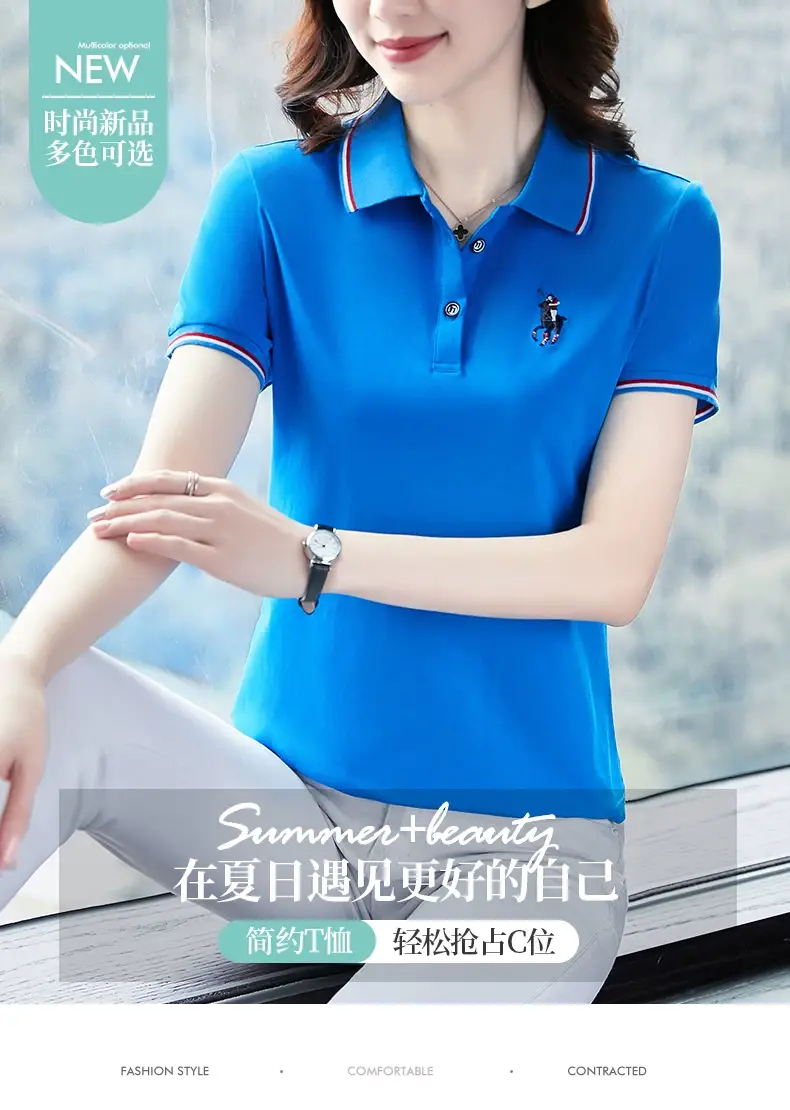 Women Red Polo T-Shirt 2022 Summer Loose Fit — feature 2