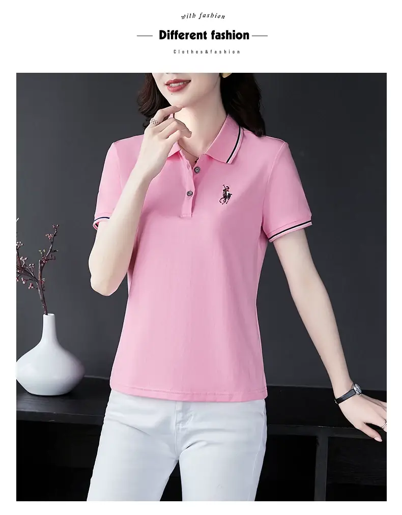 Women Red Polo T-Shirt 2022 Summer Loose Fit — feature 20