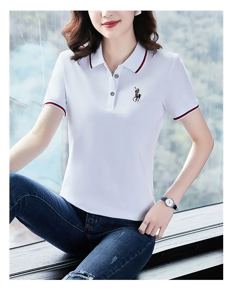 Women Red Polo T-Shirt 2022 Summer Loose Fit — feature 29