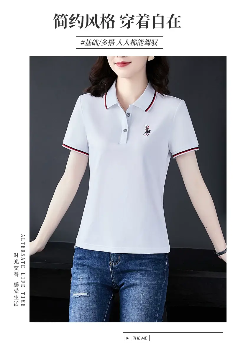 Women Red Polo T-Shirt 2022 Summer Loose Fit — feature 3