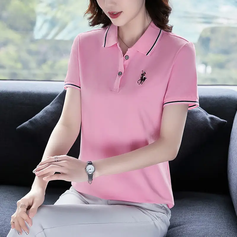 Women Red Polo T-Shirt 2022 Summer Loose Fit - Image 3