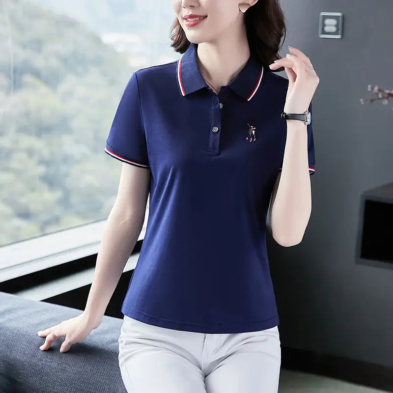Women Red Polo T-Shirt 2022 Summer Loose Fit - Image 4