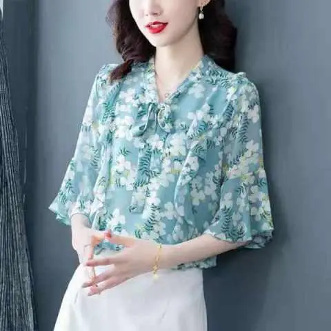Women Floral Chiffon Shirt 2023 Summer Trumpet Sleeve - Image 3