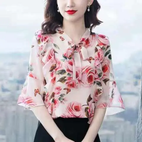 Women Floral Chiffon Shirt 2023 Summer Trumpet Sleeve - Image 4