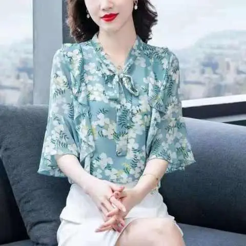 Women Floral Chiffon Shirt 2023 Summer Trumpet Sleeve - Image 5
