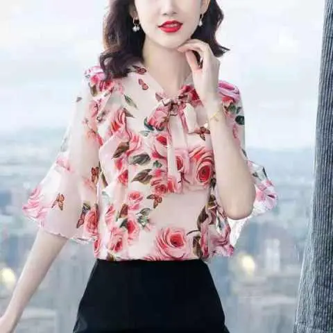 Women Floral Chiffon Shirt 2023 Summer Trumpet Sleeve - Image 6