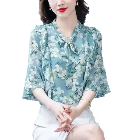 Women Floral Chiffon Shirt 2023 Summer Trumpet Sleeve - Image 7