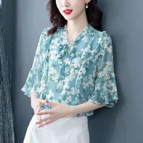 Women Floral Chiffon Shirt 2023 Summer Trumpet Sleeve — feature 10