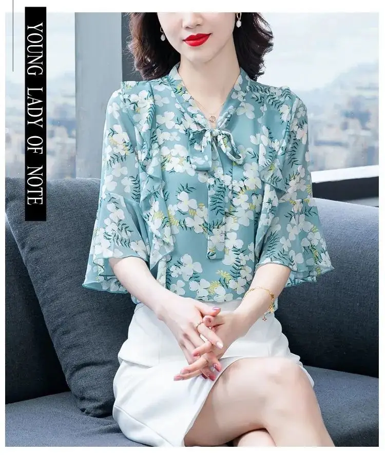 Women Floral Chiffon Shirt 2023 Summer Trumpet Sleeve — feature 3