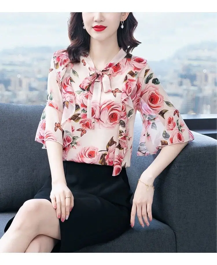 Women Floral Chiffon Shirt 2023 Summer Trumpet Sleeve — feature 7