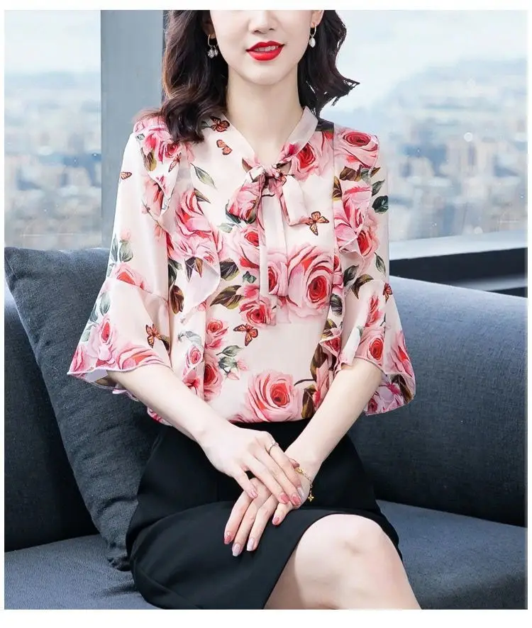 Women Floral Chiffon Shirt 2023 Summer Trumpet Sleeve — feature 8