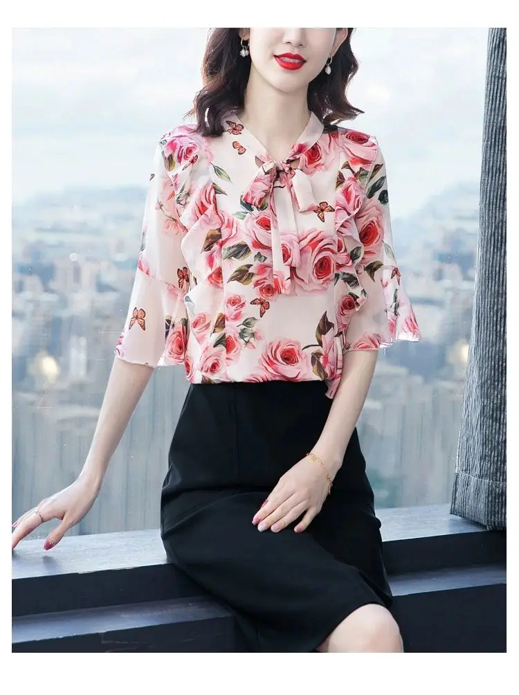 Women Floral Chiffon Shirt 2023 Summer Trumpet Sleeve — feature 9