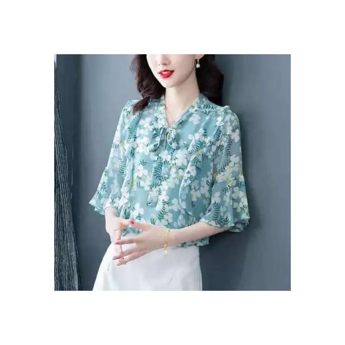 Women Floral Chiffon Shirt 2023 Summer Trumpet Sleeve - Image 2