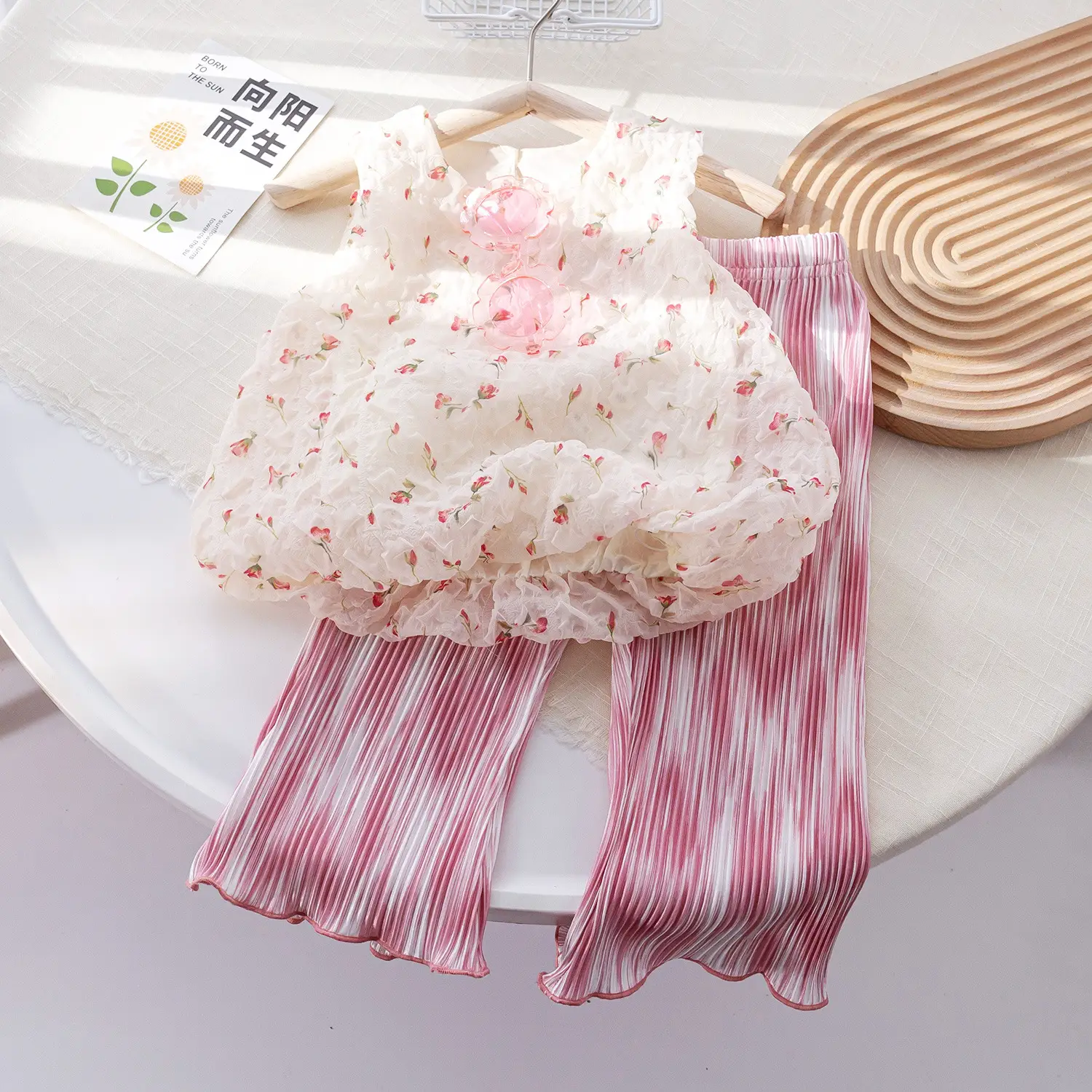 Girls Summer Vest Top Trouser Set Pink White Striped - Image 3