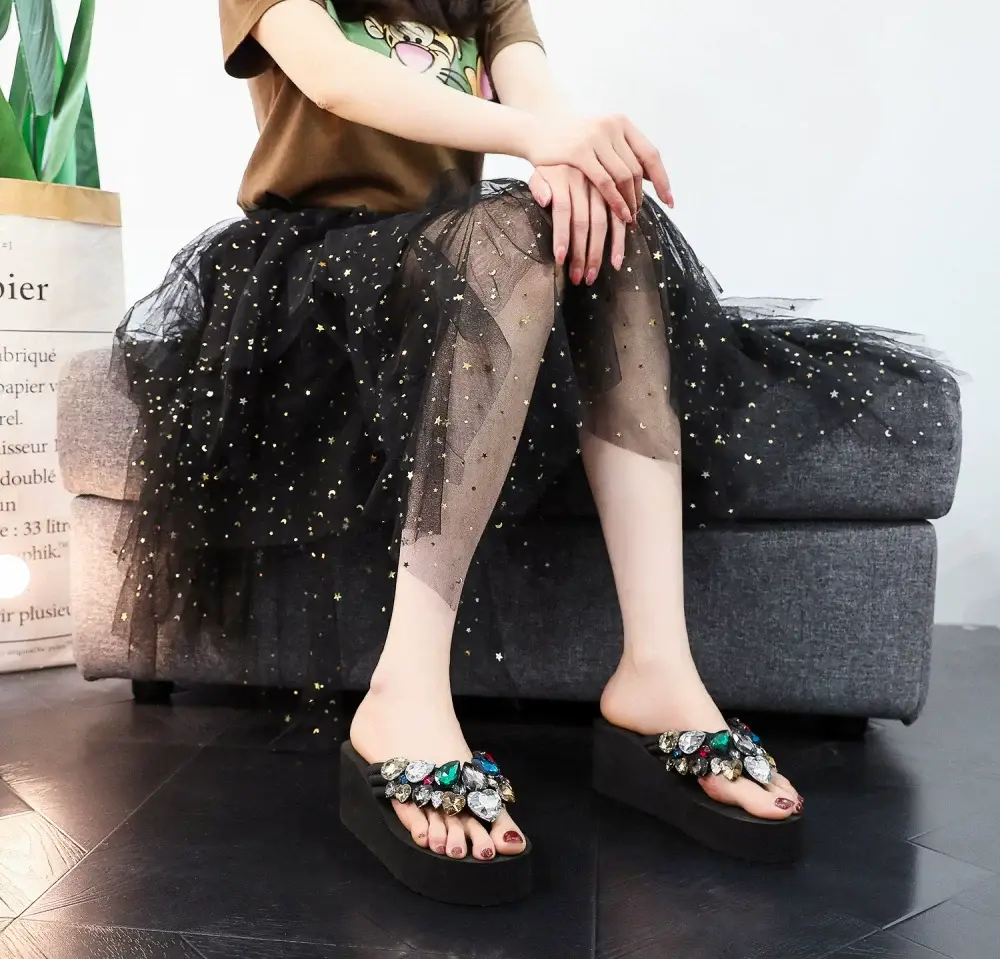 New Thick-soled Flip-flops Women's Summer Outer Wear Rhinestone Non-slip High Heel Flip-flops Women's Beach Wedge Slippers — feature 16