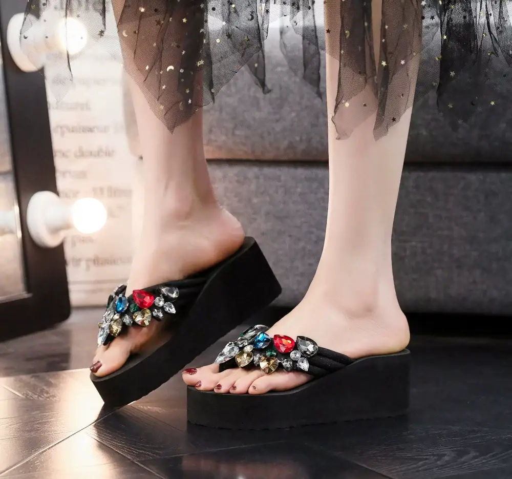 New Thick-soled Flip-flops Women's Summer Outer Wear Rhinestone Non-slip High Heel Flip-flops Women's Beach Wedge Slippers — feature 2